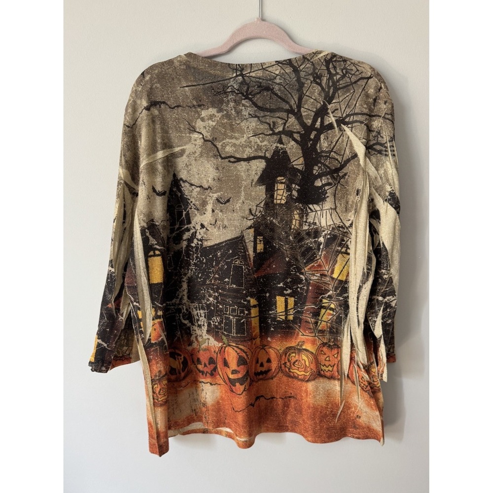 Vtg Y2K  Sparkly Halloween Spooky Haunted House Pumpkin Sparkly 3/4 Sleeve 1X 2X - Picture 3 of 10